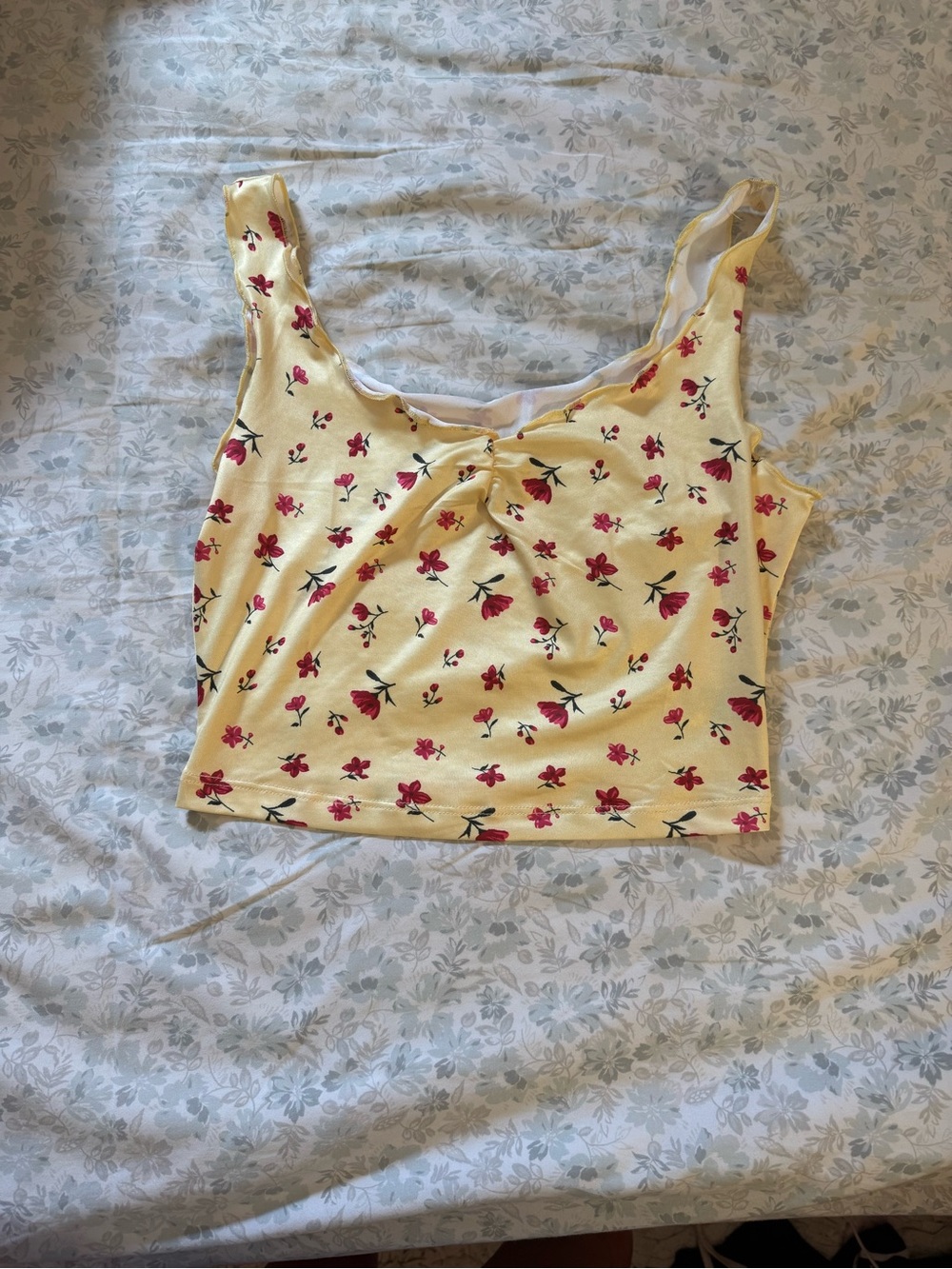 SHEIN Yellow Knot-Front Floral Crop Tank